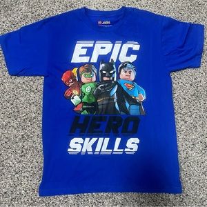 Lego DC comic superheroes blue graphic tee